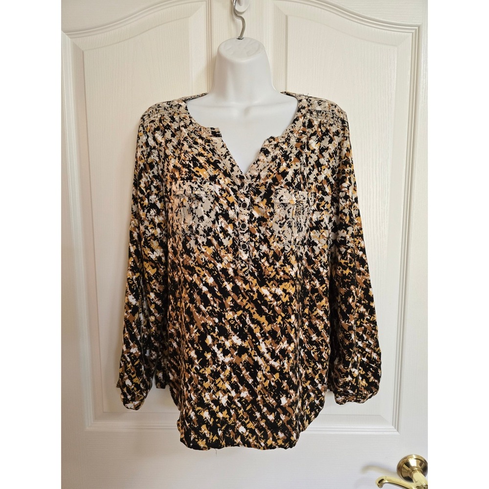 christopher & banks abstract print button front long sleeve blouse size L /0366